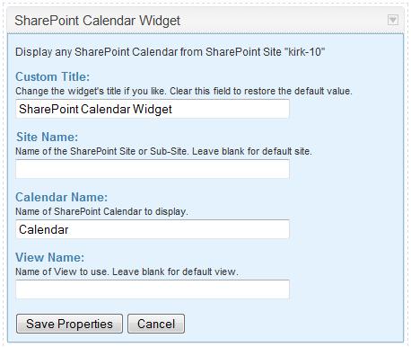 The configuration for the SharePoint Calendar widget requires the following information to find and surface a SharePoint calendar.