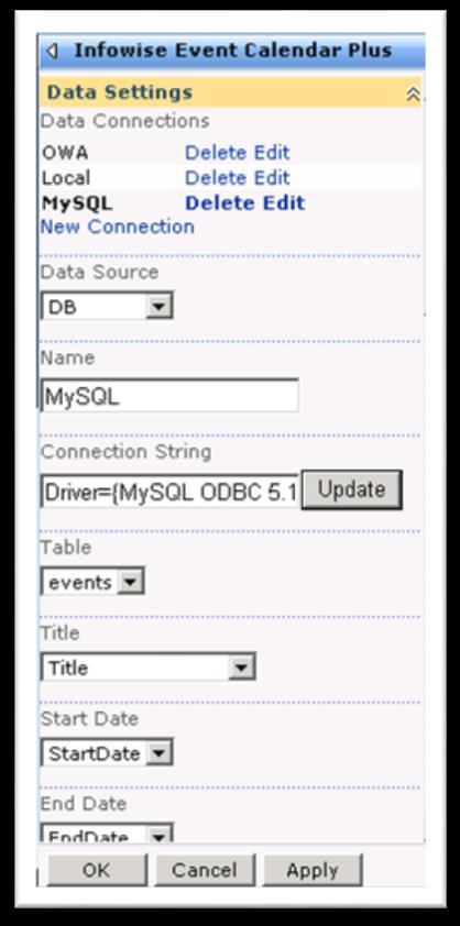 Table select one of the tables Figure 3 - DB Settings Title set the title column of the event. Any field of the event can be set.