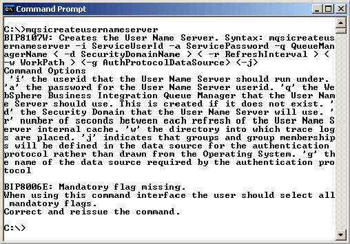 Figure 6-9 Help information generated by the mqsicreateusernameserver command Locating more information about messages In addition to the information that accompanies error messages, two other