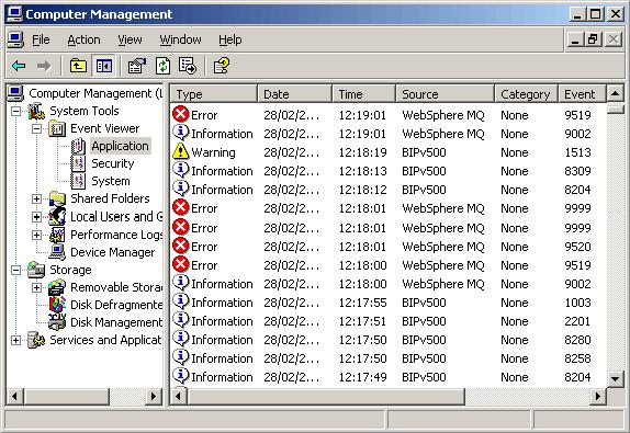 Figure 6-10 shows the Application Log through the Computer Management Tool in Windows.