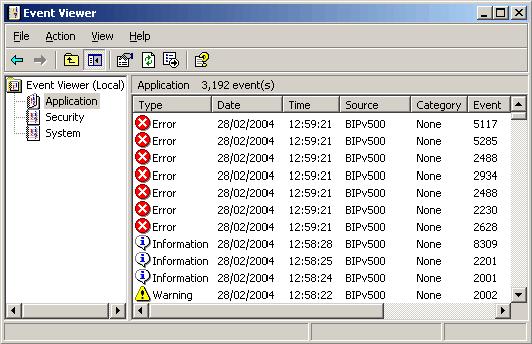 Figure 6-12 BIP error messages in the Application Log 7.