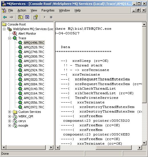 Figure 6-35 Viewing trace files in WebSphere MQ Select Stop in Trace Properties to stop trace from being recorded on WebSphere MQ components and executables after the required trace has been