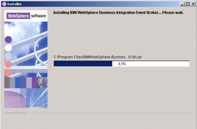 A progress bar is displayed (Figure 3-15, which shows the Event Broker installer). Figure 3-15 WebSphere Business Integration Event Broker installation progress 8.