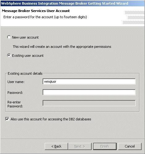 To use an existing account, select Existing user account, then enter the user name and password for the account that you want to use.