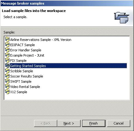 Figure 3-34 Importing Getting Started samples into the Message Brokers Toolkit 3. Click Getting Started Samples, then click Finish.