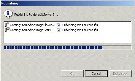 Figure 3-44 Publishing to server When the message flow and message set are successfully deployed, you might see an error message that says Cannot start the server because it is already running.