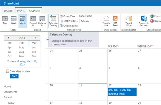Add Calendars Overlay: First introduced in SharePoint 2010, the Calendars Overlay feature is a function of the Calendar List which allows users to view the data of several different lists, such as