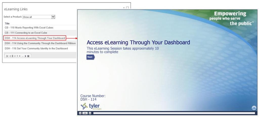 The elearning Links web part provides access to elearning tutorials directly from the Tyler Dashboard.
