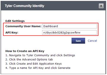 Copy the key to the API Key box in the Tyler Community Identity dialog box. 7.