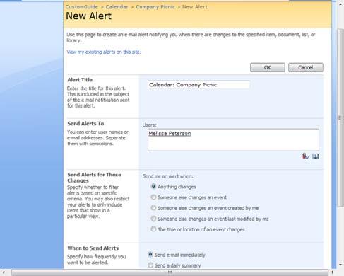 The Fundamentals Working with Alerts You can keep tabs on items and locations in SharePoint by receiving notification when the items change.