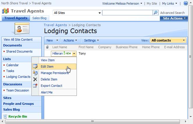 Exercise File: Lodging Contacts list Exercise: Add a new contact for Tony Hilleran and include his e-mail address: thiller@northshoretravel.com.