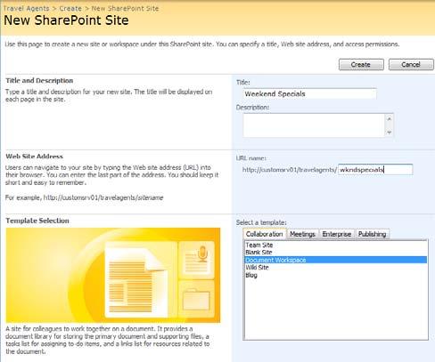 Working with Blogs, Wikis, and Workspaces Creating a Document Workspace If you have permission to create new sites, you can create a document workspace in SharePoint.