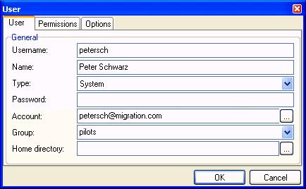 button to define a new FTP site user. The User dialog is shown. Select a user and click the button to edit this user's definition.