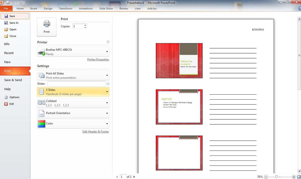 After your presentation is complete, click on File Tab 2. Click the Print to preview presentation. 3.