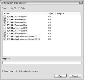 HDD Recovery Information for Your Toshiba Computer 3 (Sample Image) Recovery Disc Creator screen 3 Select the items you want to copy by clicking the check box next to the item s Name recovery files,