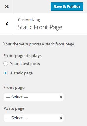 The default setting for the front page is Your latest posts. This setting allows you to display a blogstyle front page.