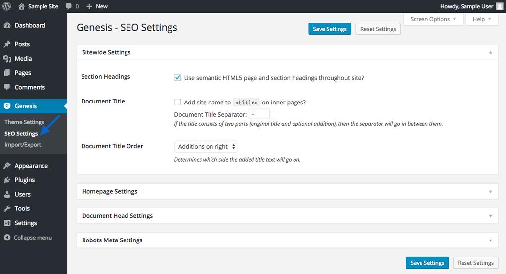 3.3 SEO Settings When Genesis SEO (search engine optimization) is active, you will see the SEO Settings menu option in the WordPress Dashboard.