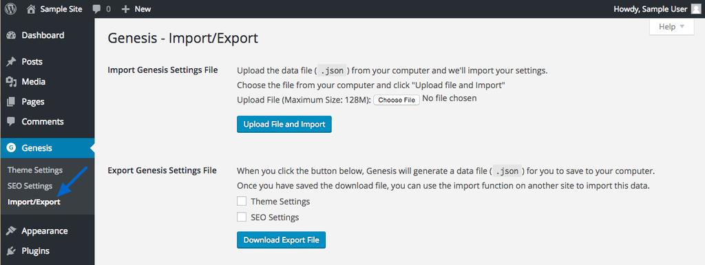 3.4 Import/Export The Import/Export option allows you to import or export Genesis Settings for use as a backup or on a different site.