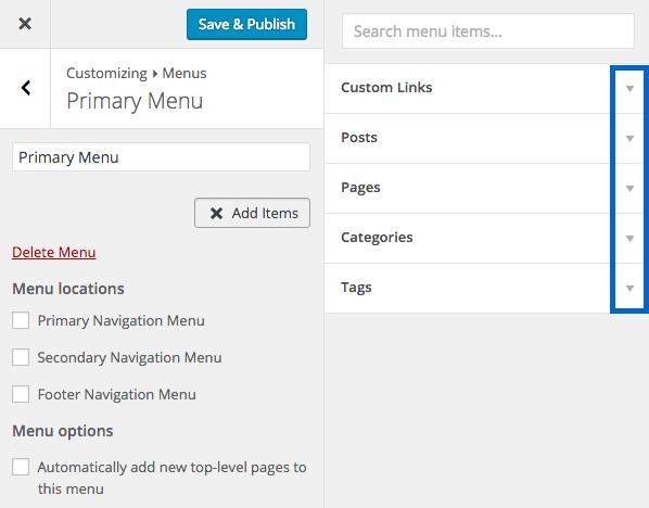 Click Add Items to select items to add to the menu. You can also check the box in the Menu Options section to automatically add any top-level pages to this menu.