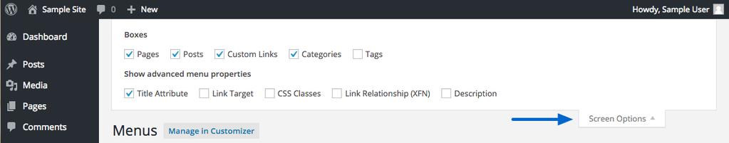 From the left side of the screen, you can select Pages, Posts, Custom Links, or Categories to add to your new menu.