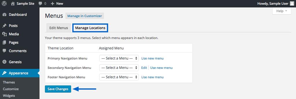 Alternatively, you can click the Manage Locations tab and manage the location of all your menus at one time.