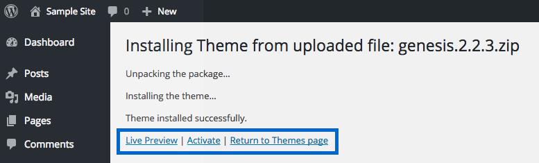 Click the Install Now button once you have selected the theme file for upload.
