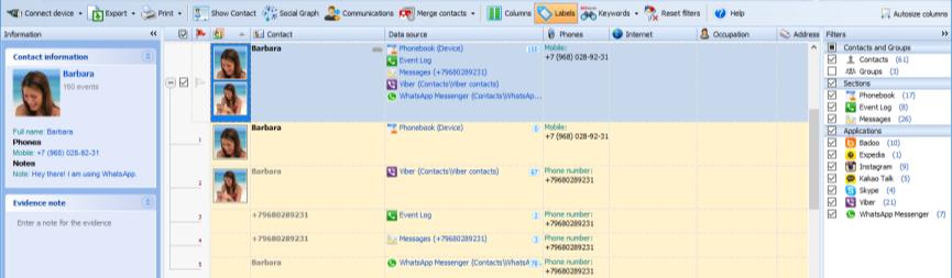 Messengers and Social Networks and other apps. It also shows cross device contacts from several devices and contacts in groups created in various applications.