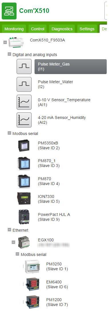 4 - Configuration & Implementation After the devices are added in the Com'X 510, the Device Settings tab displays the hierarchy: 4.4.2.
