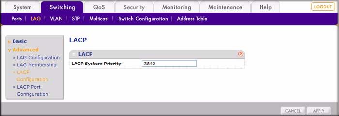 Advanced LACP Configuration The LACP Configuration screen lets you set the LACP system priority, which specifies the device s link aggregation priority relative to the devices at the other ends of