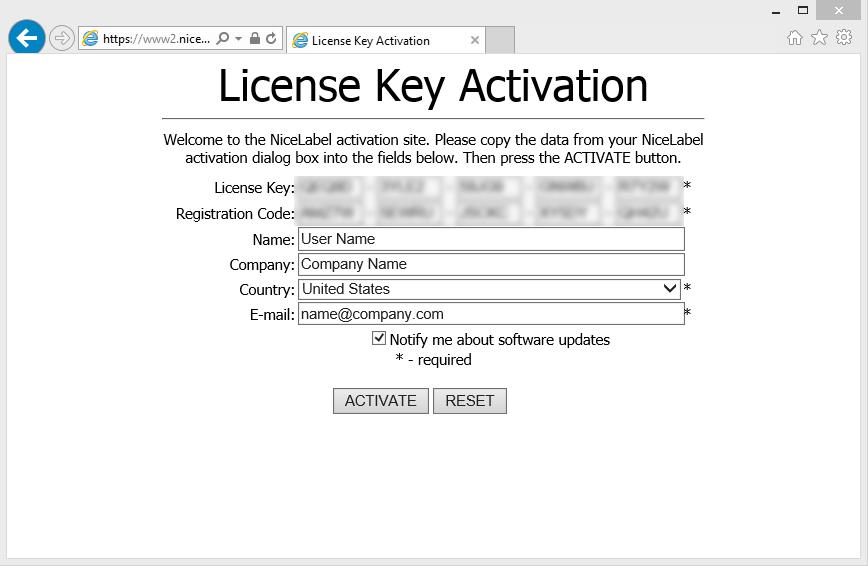 After the activation web page opens, the fields with information about your license are automatically populated.