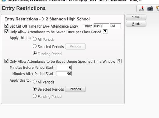 Set the time before and after a class starts that represents the posting window for submitting