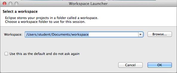 The first time you start the Eclipse software, you will see the following screen: Here, you can type in or browse to your preferred workspace directory.
