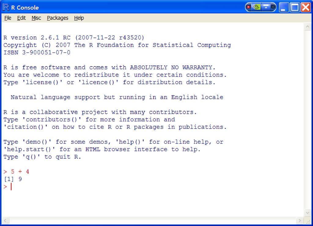 2 Statistical software R FIGURE 2.1 The basic R console. and graphics are not constrained to off the shelf tools.