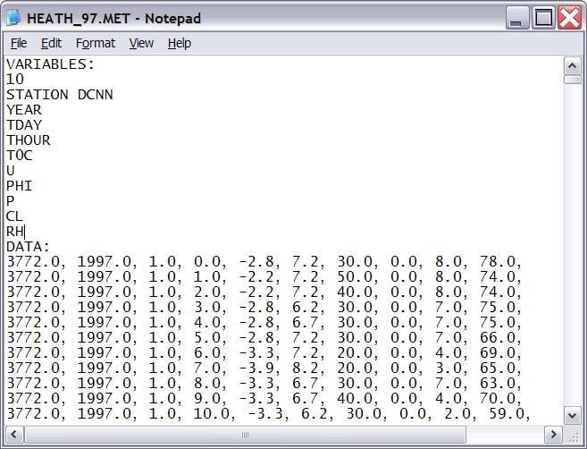 9 Getting data into openair FIGURE 9.1 Typical format of an hourly ADMS met file. layer height and surface sensible heat flux.