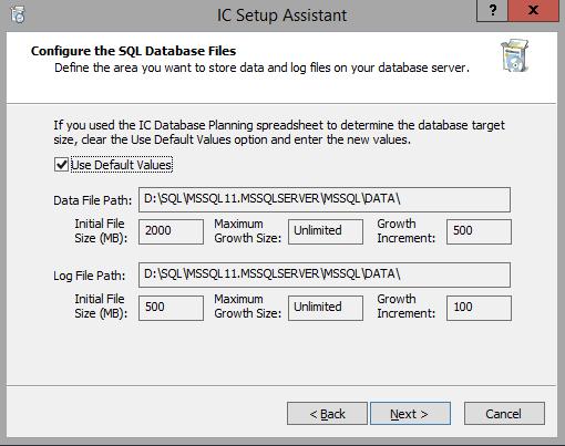 186 Run IC Setup Assistant Configure the SQL Database Files screen In this example, the initial file sizes and growth increments provided are for a CIC license that includes Interaction Recorder and