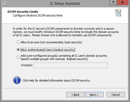 Chapter 12: IC Setup Assistant 231 DCOM Security Lists screen Select the level of security needed for your site. The recommended level of security is to allow authenticated users.