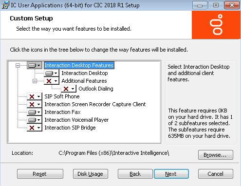 286 IC User Applications (32-bit and 64-bit) IC User Applications (64-bit) - Custom Setup screen We recommend that you keep the default location of C:\Program Files\Interactive Intelligence where the