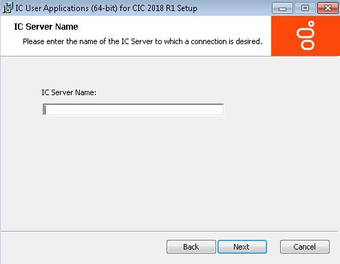 Chapter 14: Client Workstation Installations 289 IC User Applications 64-bt - IC Server Name screen Notes: If you have a CIC Switchover architecture and you created a pair of commonly named DNS A