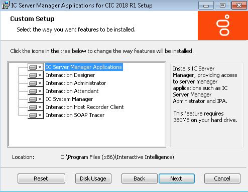 306 IC Server Manager Applications IC Server Manager Application - Custom Setup screen The following table provides a description for each of the default applications.