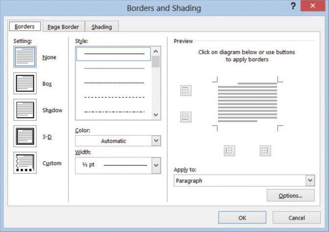 On the Design tab, in the Page Background group, click Page Borders to open the Borders and Shading dialog box, and then click the Borders tab to make it active (see Figure 4-15).