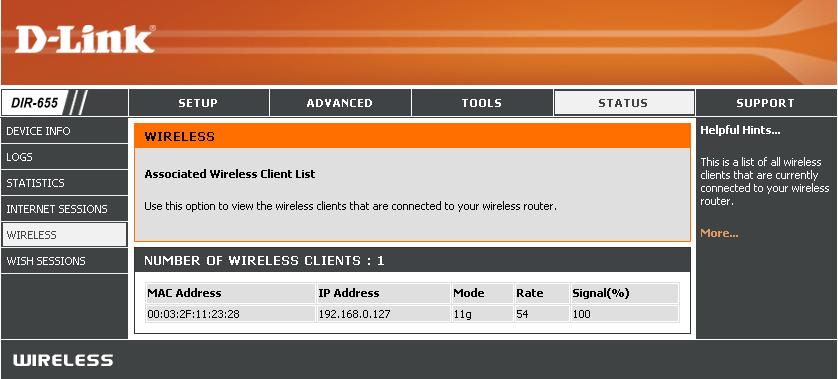 Section 3 - Configuration Wireless The wireless client table displays a list of