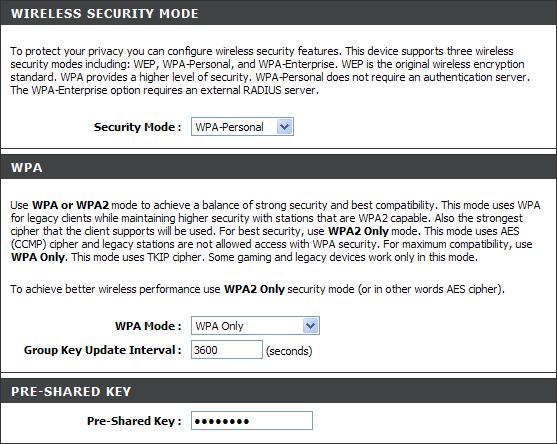 Section 4 - Security Configure WPA-Personal (PSK) It is recommended to enable encryption on your wireless router before your wireless network adapters.