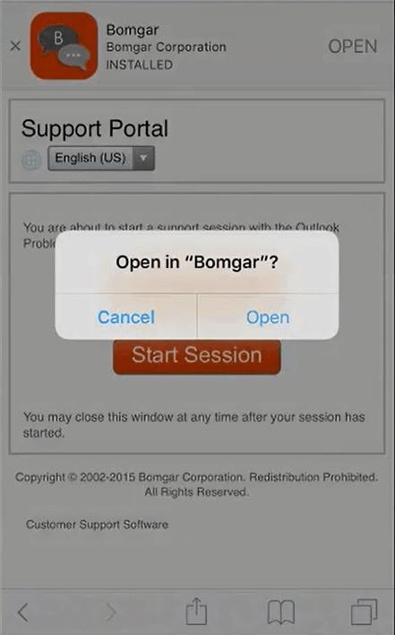 3. If the customer has the Bomgar Customer Client app installed on their ios device, they may tap Start Session to begin the session.