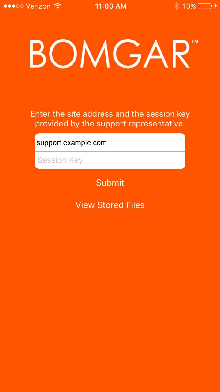 Enter a Session Key to Start an Apple ios Support Session 1. When the Bomgar Customer Client app is installed on the ios device, the customer can use this app to begin a support session. 2.