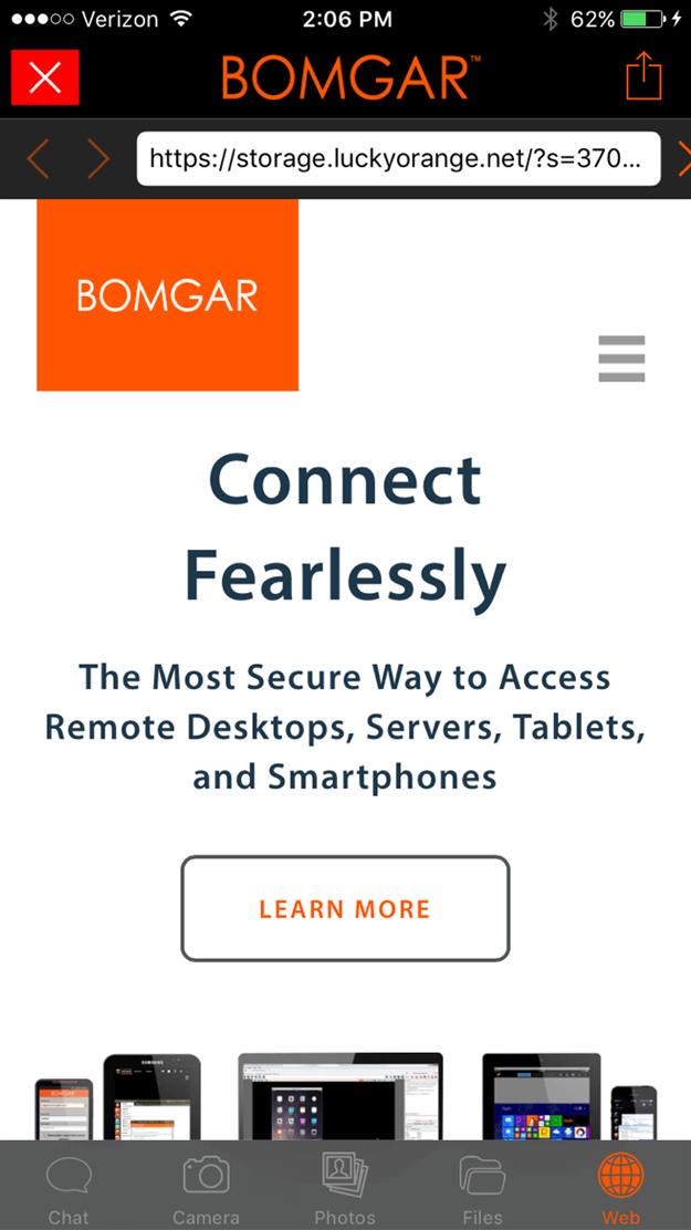 Co-Browse the Web with the ios Device User Using the web browser built into the Bomgar customer client app, the customer and representative can view a web site simultaneously.