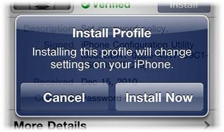 An alert notifies the customer that installing the profile will change settings on their