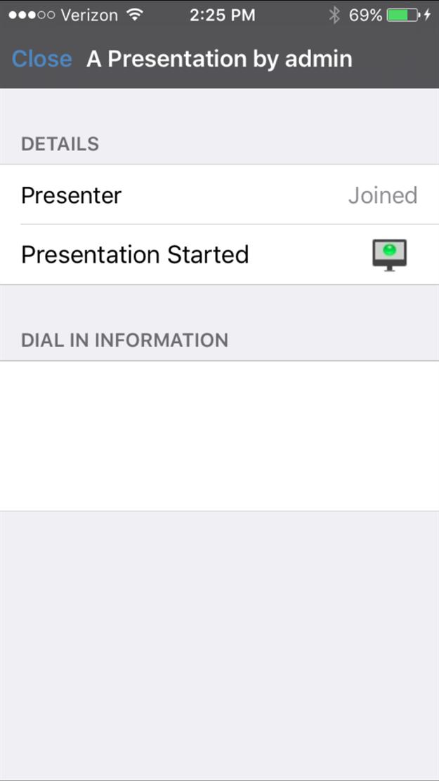 The attendee can pinch to zoom during the presentation. To view conference details, the attendee can tap the Details button.