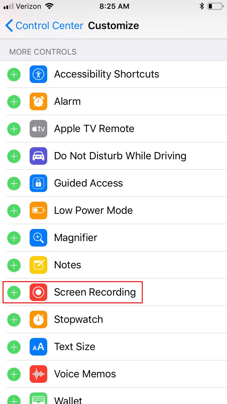Screen Recording will then appear under the Include section.
