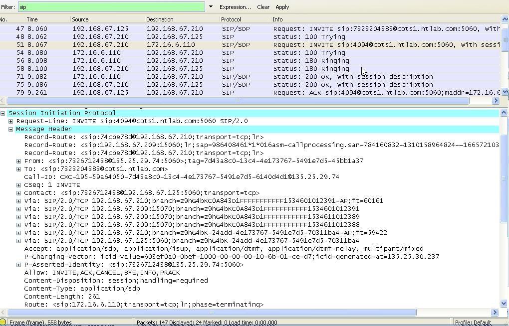 The following screen capture shows the same Wireshark trace but expands the 200 OK in frame 71 sent by the CS1000E when the user answers the call.