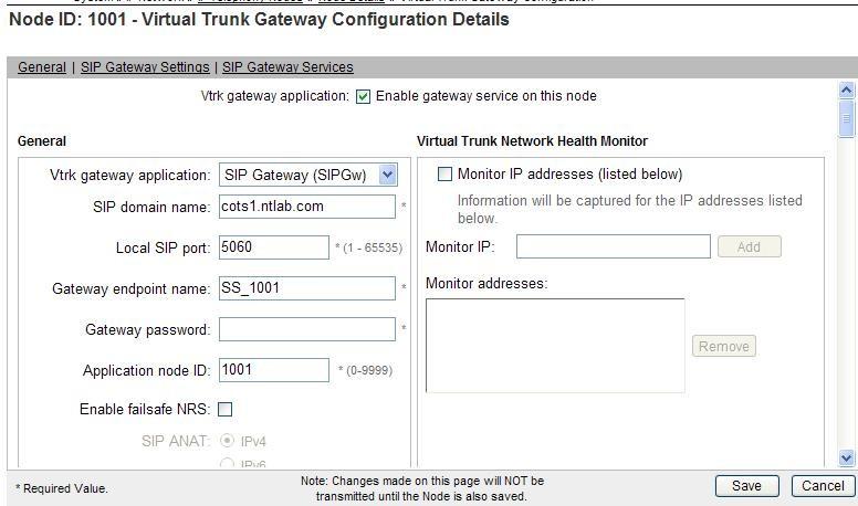 Step 4 - On the Node ID: 1001 - Virtual Trunk Gateway Configuration Details page, enter the following values and use default values for remaining fields.